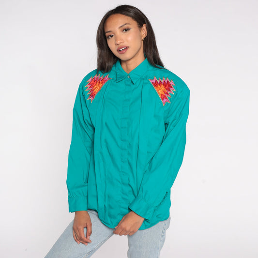 90s Wrangler Southwestern Aztec Geometric Button Up Shirt Turquoise Large L