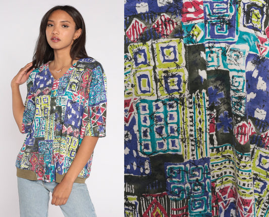 90s Batik Patchwork Geometric V-Neck Blouse Short Sleeve Large