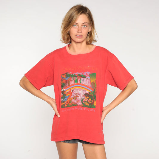 90s Mexico San Andres Tuxtla Waterfall Graphic T-Shirt Red Large