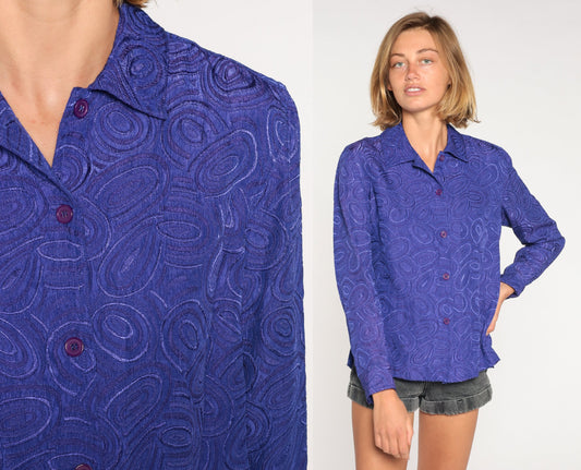 90s Purple Abstract Swirl Blouse Button Up Long Sleeve Collared Small
