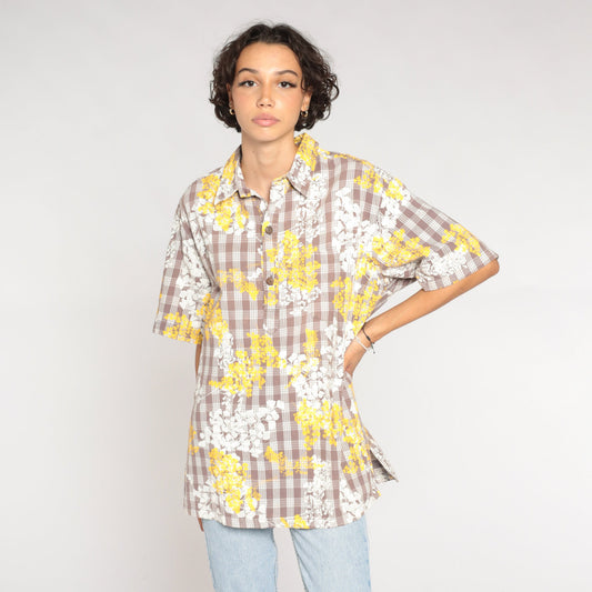 80s Checkered Floral Short Sleeve Button-Up Shirt White Brown Yellow Extra Large XL