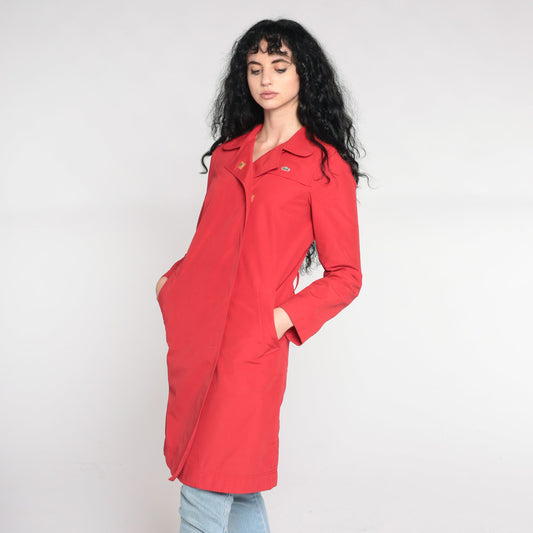 00s Lacoste Red Nylon Trench Coat Knee Length Extra Small