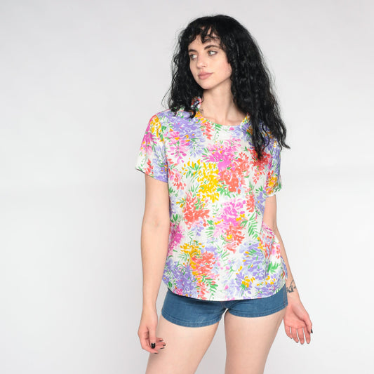 90s White Floral Pullover Blouse Short Sleeve Botanical Print Large L