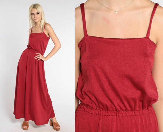70s Red Maxi Dress Sleeveless High Waist Grecian Gown Small Medium