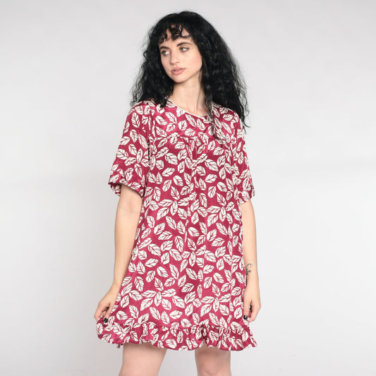 90s Leaf Print Tent Dress Dark Raspberry Red Mini Yoke Short Sleeve Small Medium