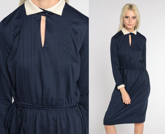 80s Navy Collared Midi Dress Cream Keyhole High Waist Long Sleeve Small