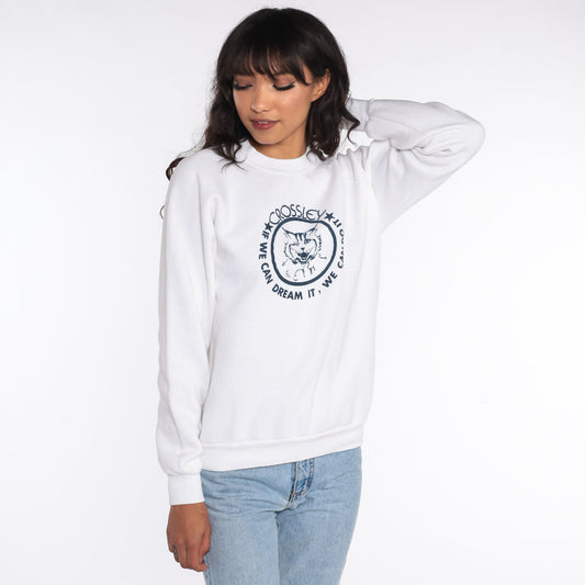 90s Crossley Bobcat Mascot Sweatshirt White Crewneck Slogan Medium