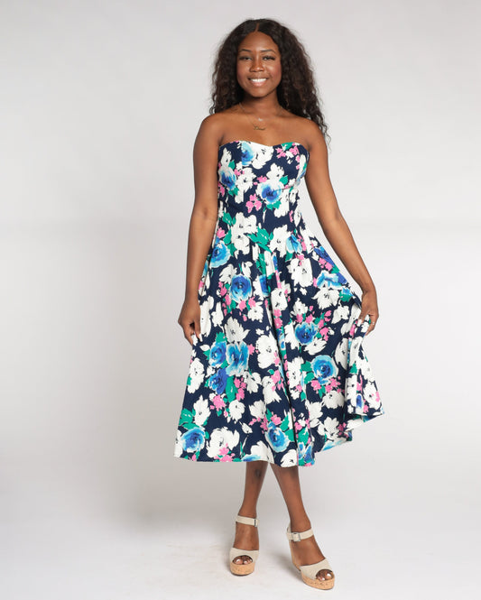80s Floral Strapless Midi Dress Smocked Sweetheart Neckline Navy Rose Print Medium