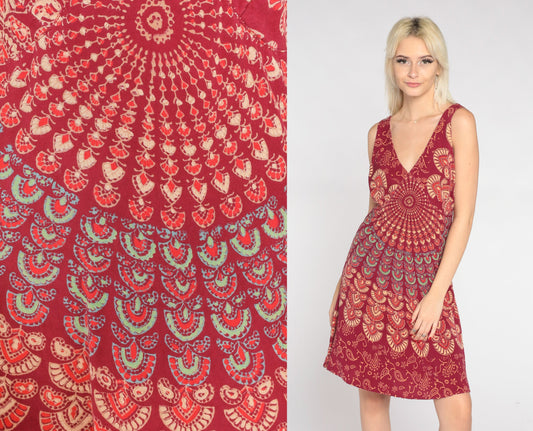 90s Red Mandala Floral Mini Dress V-Neck Empire Waist Sleeveless Large L