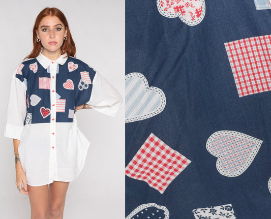80s Heart Print Button Up Blouse Blue White 3/4 Sleeve Plus Size XXL