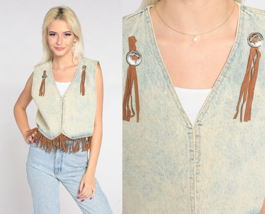 90s Acid Wash Denim Vest Brown Fringe Concho Open Front Cropped Small