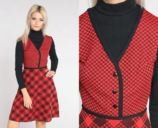 70s Red Checkered Mini Dress Black Turtleneck Attached Sleeves Extra Small