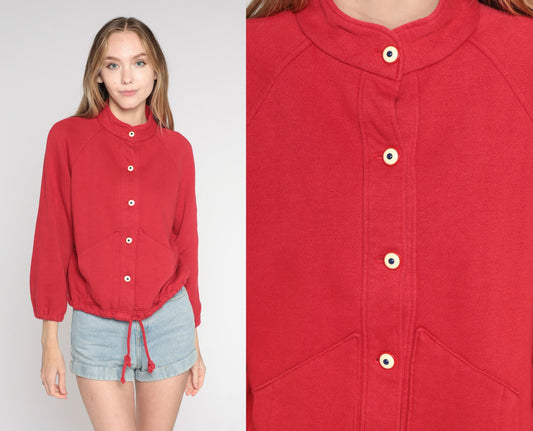 90s Red Cardigan Sweatshirt High Neck Raglan Button Up Small S