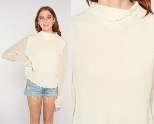 90s Cream Chiffon Mock Neck Blouse Sheer Long Sleeve Party Top Medium