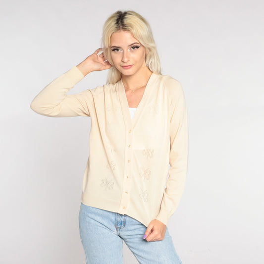 70s Beige Cutout Butterfly Cardigan Button-Up V-Neck Sweater Small