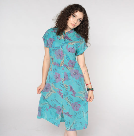80s Floral Midi Shirtdress Blue Flower Print Button-Up High Waist Medium