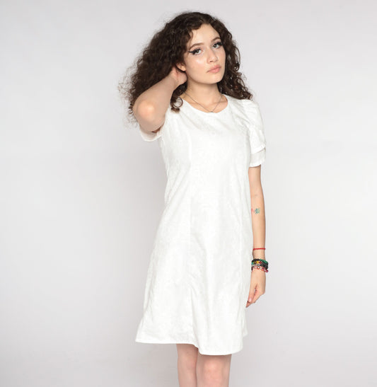 80s Hawaiian Kamehameha Schools Mini Dress White Floral Puff Sleeve Extra Small