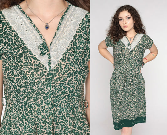80s Pierre Cardin Green Floral Midi Dress V-Neck Lace Yoke Small