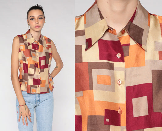 Y2K Silk Tank Top Geometric Square Print Brown Orange Medium M