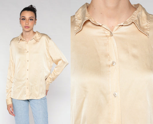 00s Gap Champagne Silk Button-Up Blouse Long Sleeve Collared Shirt Large L