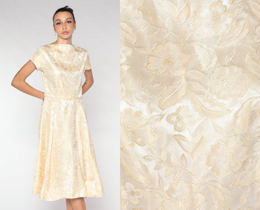 1960s Cream Brocade Floral Midi Dress Cap Sleeve High Waist Small S