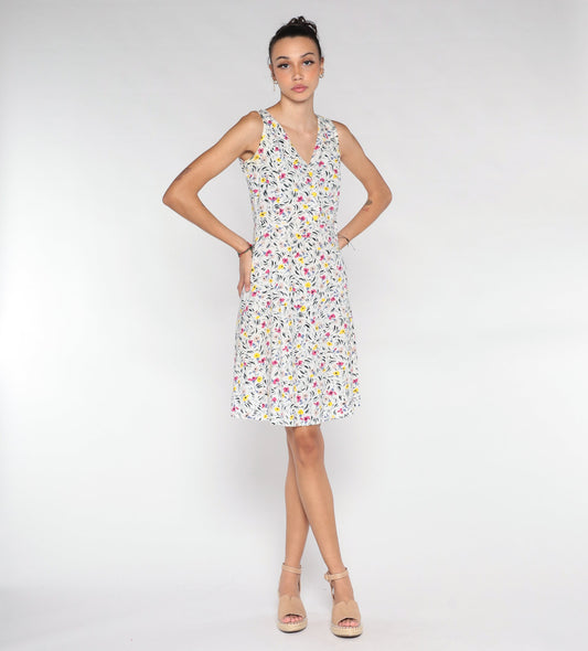 70s White Floral Mini Dress Sleeveless Button-Up A-Line V-Neck Extra Small