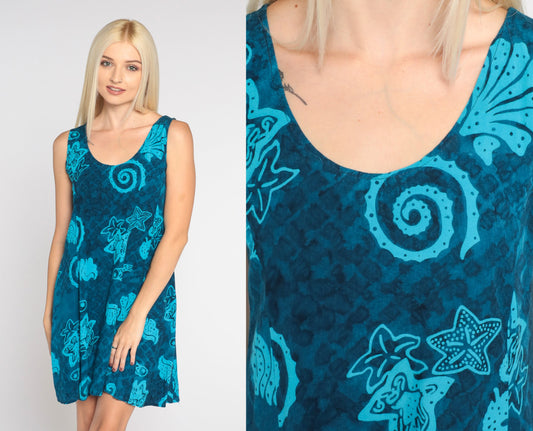 Y2K Blue Mini Tank Dress Fish Starfish Shell Seahorse Print Extra Small