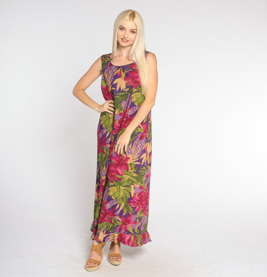 Y2K Purple Tropical Floral Maxi Dress Hibiscus Leaf Print Sleeveless Medium Large