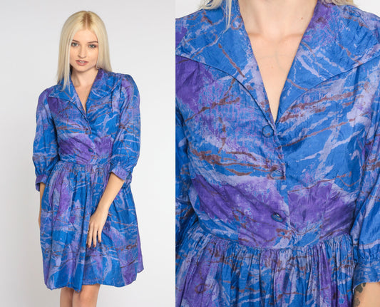 60s Blue Purple Silk Marble Mini Dress Collared Button-Up Shirtwaist Extra Small