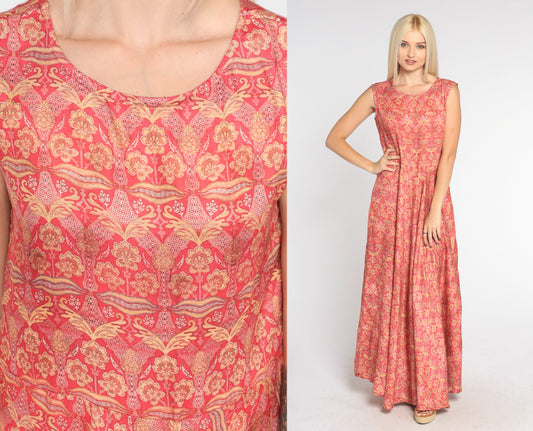 00s Red Gold Floral Maxi Dress Sleeveless High Waist Flared Skirt Medium