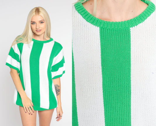 90s Liz Claiborne Striped Knit Sweater Top White Green Short Sleeve Small