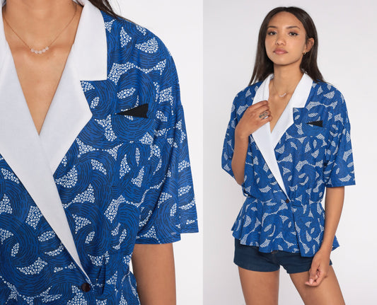 80s Blue Abstract Dot Wave Blouse Contrast Collar Peplum Wrap Shirt Large