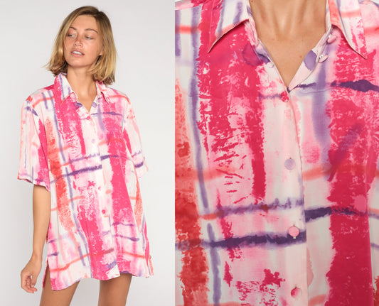 90s Abstract Brushstroke Button-Up Blouse Pink Purple Red Extra Large