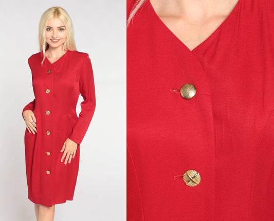 80s Red Button-Up Mini Dress Long Sleeve Pencil Cut Small S
