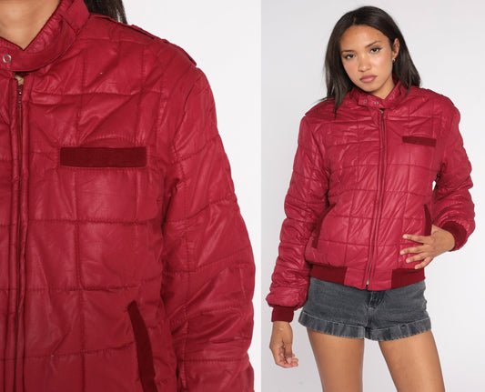 80s Burgundy Quilted Puffer Ski Jacket Zip Up Insulated Small