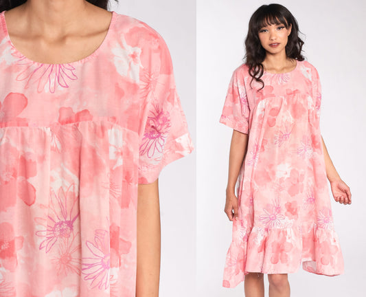 80s Floral Midi Dress Pink Tent Cut Short Sleeve Extra Large