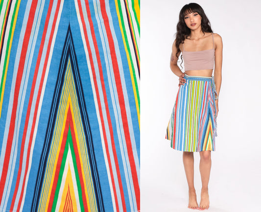 70s Reversible Wrap Skirt Rainbow Stripe Floral Blue Midi High Waist Medium