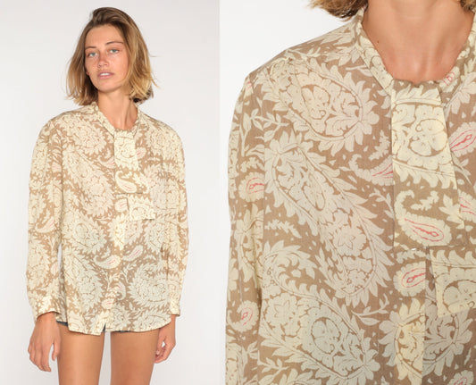 80s Paisley Necktie Blouse Tan Semi-Sheer Button-Up Long Sleeve Large L