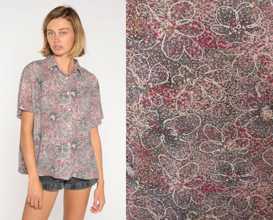 90s Floral Metallic Button-Up Blouse Short Sleeve Collared Shirt Large L