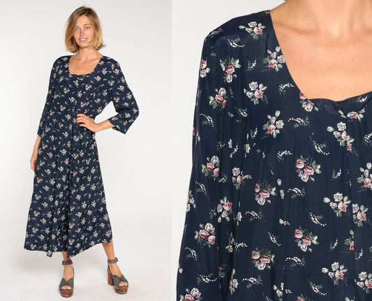 90s Navy Floral Wide Leg Jumpsuit Long Sleeve Rear Zipper Plus Size XXL