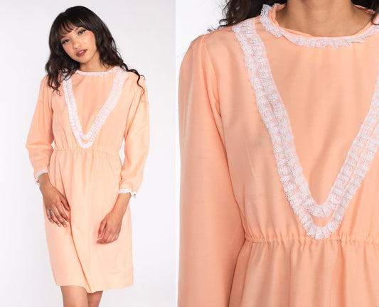 70s Peach Lace Mini Dress Puff Sleeve High Waist Medium