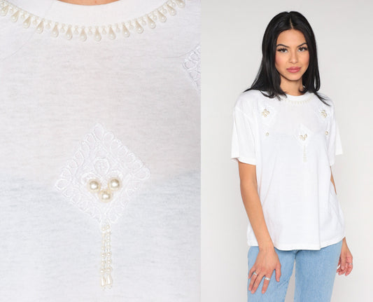 90s Pearl Beaded White T-Shirt Embroidered Graphic Tee Medium
