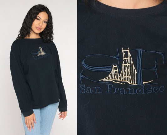 Y2K San Francisco Golden Gate Bridge Embroidered Long Sleeve Tee Navy Extra Large XXL