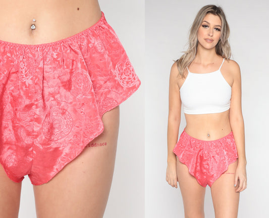 90s Victoria's Secret Tap Shorts Coral Satin Embossed Floral Sleep Shorts Large
