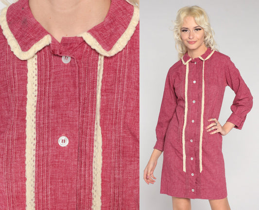 1960s Mod Burgundy Mini Shift Dress Lace Trim Button Front Small