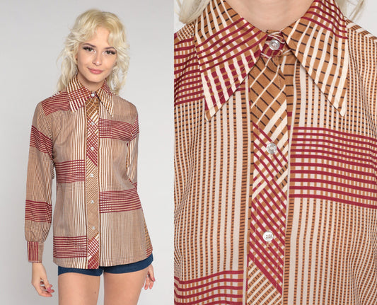 70s Checkered Button-Up Shirt Red Brown Dagger Collar Long Sleeve Small