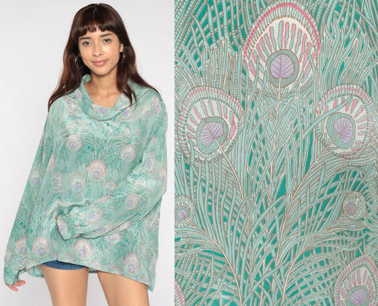 70s Peacock Feather Blouse Green Cowl Neck Disco Shirt Campus Casuals