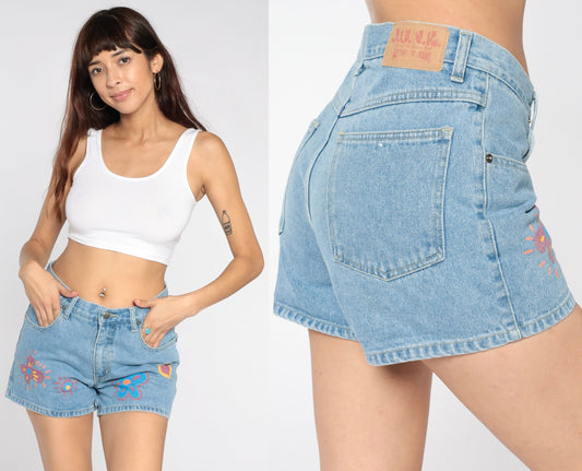 90s Junk Jeans Denim Shorts Painted Flower Heart Print Blue Medium