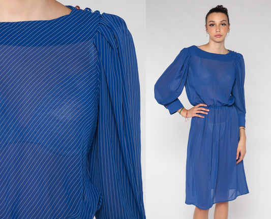 70s Striped Midi Dress Blue Sheer Puff Sleeve High Waist Small Medium