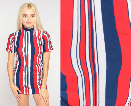 70s Striped Mock Neck Blouse Red White Blue Short Sleeve XXS